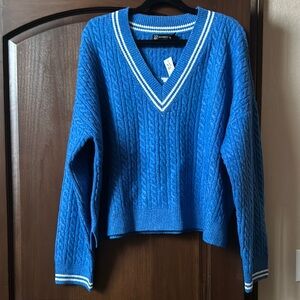 New York & Company Blue V-Neck Sweater with Striped Trim CIAO on back